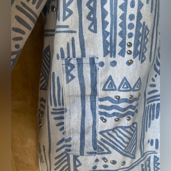 Vintage 90s 80s On The Verge Lite Wash Denim Blue Patterned Oversized Blazer - Picture 3 of 9